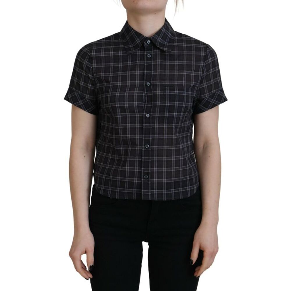 Dsquared² Black Checkered Collared Button Short Sleeves Women's Top